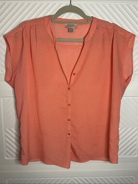 LOFT Coral Button-Front Cap Sleeve Blouse with White Dot Print